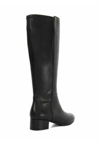 Black leather knee-high boot with a smooth, glossy finish and a low block heel. Features a rounded toe and minimal detailing on the shaft.