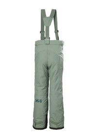 Pantalones de nieve aislantes en verde claro con tirantes ajustables, puños reforzados y logotipo en el muslo, diseñados para actividades al aire libre.