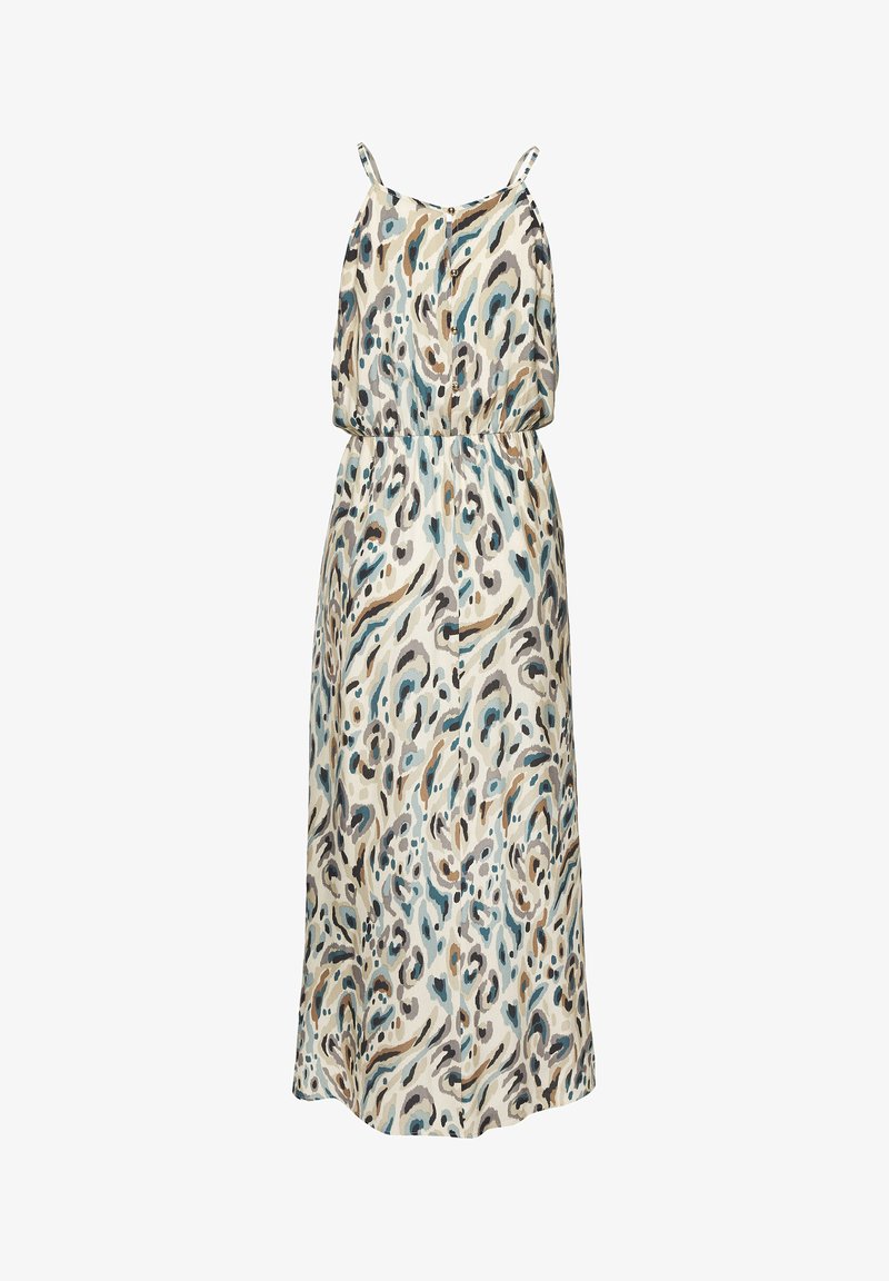 Maxikleid aus leichtem Stoff mit einem abstrakten Muster in Blau, Braun und Creme. Mit verstellbaren Spaghettiträgern und einem elastischen Bund.