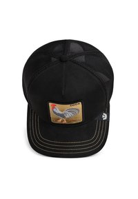Crna trucker kapa s mrežastim stražnjim dijelom, prednjim dijelom od antilopa i zlatnim izvezenim znakom s kokotom. Detaljno šivanje na viziru.