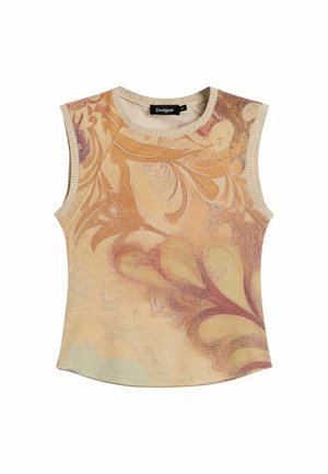 Haut en maille beige sans manches avec des motifs floraux abstraits dans des tons orange, violet et jaune atténués, présentant un col rond et des bords côtelés.