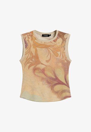 Haut en maille beige sans manches avec des motifs floraux abstraits dans des tons orange, violet et jaune atténués, présentant un col rond et des bords côtelés.