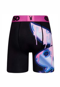Fekete boxer alsónadrág, rózsaszín derékkal, rajta a "PSD" logóval és egy színes grafikai tervezéssel, amely egy olvadó nyúl témáját ábrázolja.