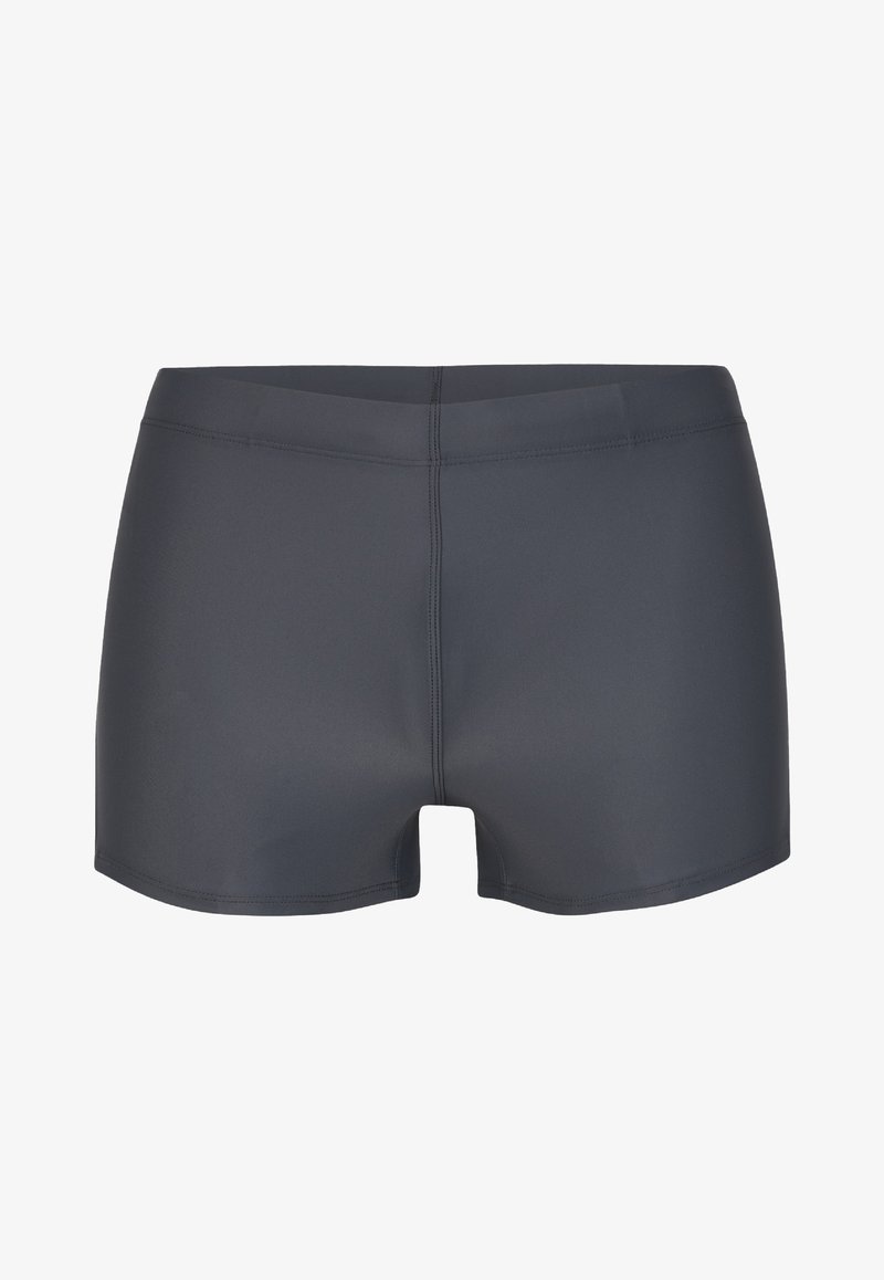 Shorts de bain gris foncé en tissu lisse et extensible. Présentent des coutures plates et un design simple et minimaliste. Conviennent pour les activités aquatiques.