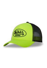 Casquette en maille verte avec un front rigide et une visière incurvée, ornée d'un logo brodé noir et de panneaux en maille noire à l'arrière.