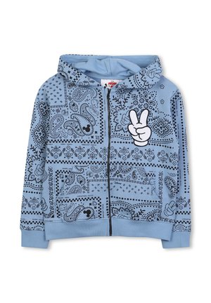 Lichtblauwe hoodie met rits en zwarte paisley- en bloemenpatronen, met een wit vredeshandsymbool aan de voorkant en zijzakken.