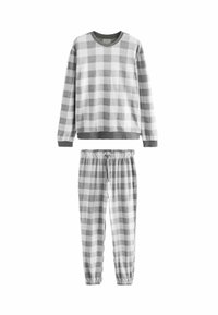 Grau-weiße karierte Pyjamahose mit einem langärmligen Crewneck-Oberteil mit Rippbündchen und einer Hose mit elastischem Bund und Kordelzug.