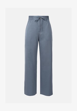 Light blue wide-leg pants with an elastic waistband and adjustable drawstring, featuring a smooth texture and a relaxed fit.