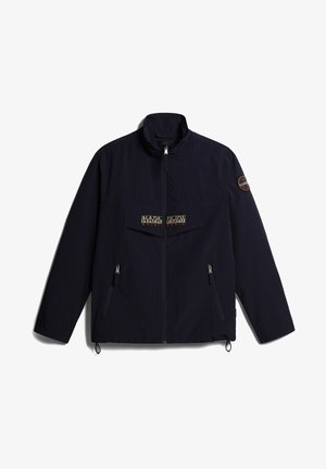 Veste zippée bleu marine avec col haut, deux poches latérales zippées, une poche frontale à rabat avec le logo "Napapijri" et un écusson rond sur la manche gauche.
