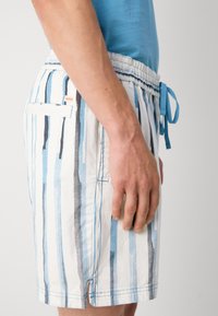 Balti mėlyni ir juodi dryžuoti maudymosi šortai, su elastinga juosmens juosta su raišteliu ir šoninėmis kišenėmis; lengvas audinys.