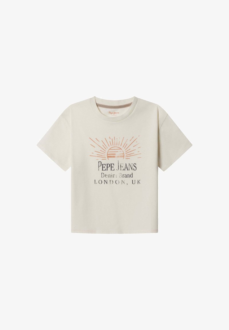 T-shirt beige à manches courtes avec col rond, arborant un motif de soleil et le texte "Pepe Jeans Denim Brand London, UK" sur le devant.