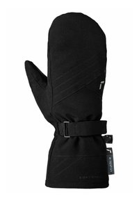 Schwarze Softshell-Handschuhe mit glatter Textur, gebogener Form, verstellbarem Riemen und schrägen Steppnähten. Wasserdicht und isoliert.