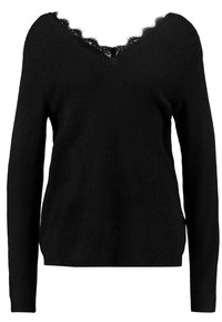 Czarny sweter z długimi rękawami, miękką teksturą i głębokim dekoltem w kształcie litery V ozdobionym koronkową lamówką. Klasyczny krój z żebrowanymi detalami na dole.