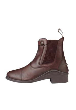Stivale Chelsea in pelle marrone con pannello laterale elastico, tacco basso, punta tonda e linguetta posteriore.
