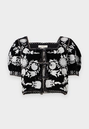 Schwarzes Samt-Kurzarm-Crop-Top mit silberner Blumenstickerei, schwarz-ähnlichen Akzenten und einem quadratischen Ausschnitt mit Satinbändern vorne.