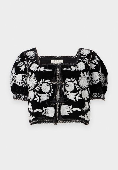 Black velvet short-sleeve cropped top featuring silver floral embroidery, black lace accents, and a square neckline with ribbon ties at the front.