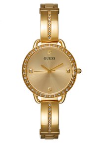 Gold-toned watch with a round face, a brushed gold dial, crystal accents on the bezel and band, and a polished metal bracelet.
