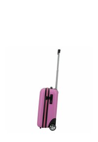 Maleta de cabina rígida rosa compacta con un mango retráctil, cremallera negra, candado de combinación y dos ruedas para facilitar el desplazamiento.