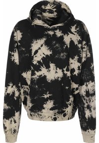 Felpa con cappuccio in tie-dye nero e crema, con tasca a marsupio, texture morbida e maniche lunghe. Presenta un cappuccio con coulisse e polsini a costine.