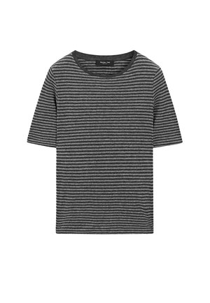 T-shirt z krótkim rękawem i okrągłym dekoltem, z wąskimi czarnymi i szarymi poziomymi paskami, wykonany z miękkiego materiału.