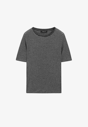 T-shirt met korte mouwen en ronde hals met smalle zwarte en grijze horizontale strepen, gemaakt van zacht materiaal.