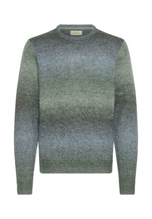 Grüner Farbverlauf-Pullover aus weichem Stoff, mit Rundhalsausschnitt, langen Ärmeln und gerippten Bündchen und Saum. Glatte Textur mit einem subtilen Glanz.