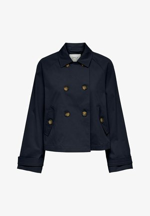 Navy blue, cropped jacket with a double-breasted front, featuring gold-tone buttons, two side pockets, and a classic collar design.