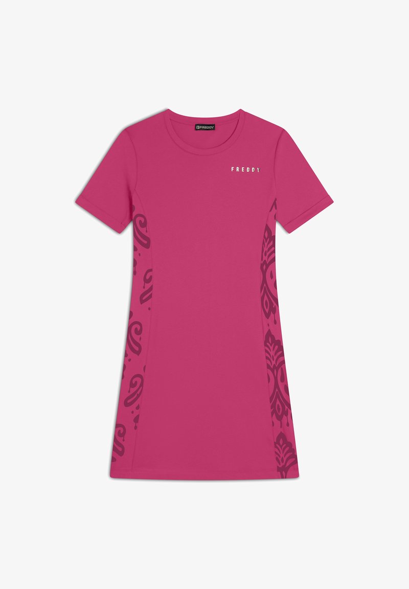 Vestito fucsia a maniche corte con orlo curvo, caratterizzato da motivi decorativi rosa scuro sui lati e un piccolo logo sul petto.
