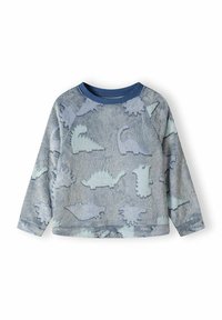 Pull en polaire bleu clair avec un motif texturé de dinosaures bleu foncé. Encolure ronde et manches longues avec une coupe légèrement courte.
