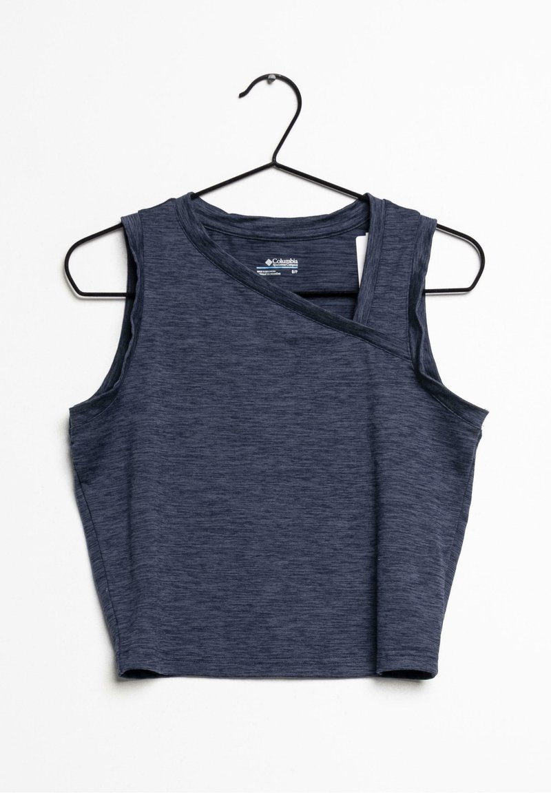 Navy blue sleeveless top with a wrap design, made of soft, lightweight fabric, featuring a smooth texture and clean lines.