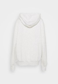 Sweat-shirt à capuche gris clair avec manches longues, poignets et ceinture côtelés, vu de dos sur un fond uni.