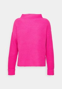 Maglione rosa a maglia con collo alto, polsini a coste e dettagli sulle spalle. Tessuto testurizzato con una vestibilità ampia e lunghezza cropped.