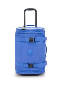Zaino blu con ruote realizzato in tessuto texturizzato, dotato di maniglia superiore e spallacci regolabili. Presenta una tasca con zip e un logo sulla parte anteriore.