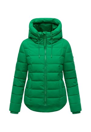 Zelená prešívaná bunda s priliehavým strihom, so zipsom na prednej strane, nastaviteľnou kapucňou a rebrovanými manžetami. Prešívaná textúra po celom povrchu.