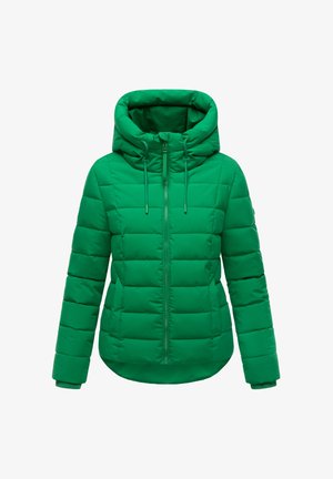 Žalia pūkinė striukė su prigludusia forma, turinti užtrauktuką priekyje, reguliuojamą gobtuvą ir įaudžiamas rankoves. Iš viso paviršiaus su siuvinėjimu.