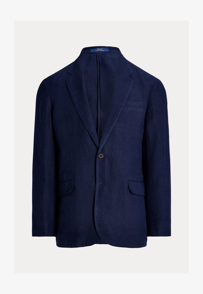 Navy linen blazer with a single button closure, notch lapels, two front pockets, and a chest pocket. Textured fabric with a relaxed fit.