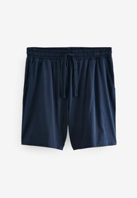 Shorts bleu marine avec taille élastique et cordon, poches latérales et ourlet jusqu’au genou, conçus pour un usage décontracté.