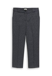 Op maat gemaakte donkergrijze broek met een gestructureerd patroon, voorzien van een knoopsluiting, schuine zakken en een relaxte pasvorm.