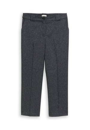 Maßgeschneiderte, dunkelgraue Hose mit einem strukturierten Muster, mit Knopfverschluss, schrägen Taschen und lässiger Passform.