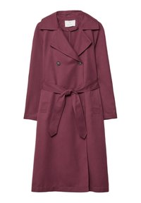 Trench-coat bordeaux à double boutonnage, grands revers, ceinture à nouer et poches latérales. Tissu lisse et coupe mi-longue.