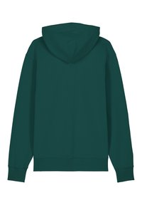 Sweatshirt à capuche vert foncé avec des manches longues, doté d'une poche kangourou et de poignets côtelés. Texture de tissu douce, intérieur brossé.