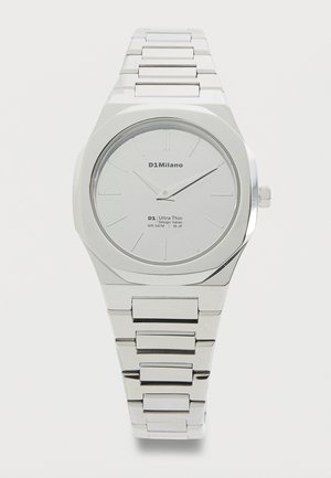Ασημένιο μεταλλικό ρολόι χειρός D1Milano ultra-thin με μινιμαλιστικό λευκό καντράν, λεπτούς δείκτες ώρας και μπρασελέ με συνδέσεις.