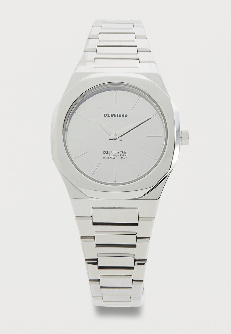 Ασημένιο μεταλλικό ρολόι χειρός D1Milano ultra-thin με μινιμαλιστικό λευκό καντράν, λεπτούς δείκτες ώρας και μπρασελέ με συνδέσεις.