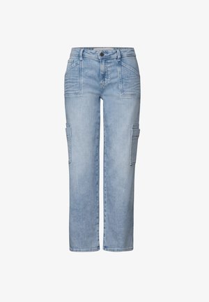 Lichtblauwe denim cargobroek met een rechte snit. Voorzien van twee zijzakken en verticale stikdetails aan de voorkant.