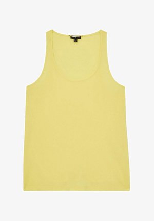 Kollane tank top, millel on ümmargune kaelus ja laiad käeaugud, valmistatud siledast kangast ning millel on lihtne, kaunistusteta disain.