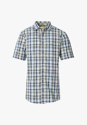 Korte mouwen geruite overhemd in groen, blauw en witte kleuren. Heeft een knoopsluiting kraag en een enkele borstzak. Lichtgewicht stof.