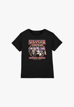 Black cotton t-shirt featuring a colorful "Stranger Things" graphic with characters, text "HAWKINS HEROES," and "INDIANA 1987" beneath.