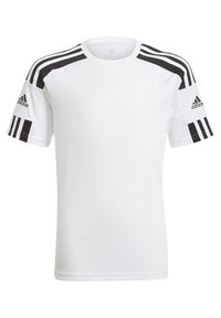 Camiseta atlética blanca con diseño de tres rayas negras en los hombros. Presenta un cuello redondo y mangas cortas. Hecha de un tejido ligero.