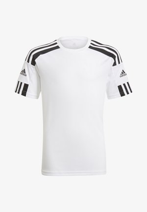 Camiseta atlética blanca con diseño de tres rayas negras en los hombros. Presenta un cuello redondo y mangas cortas. Hecha de un tejido ligero.