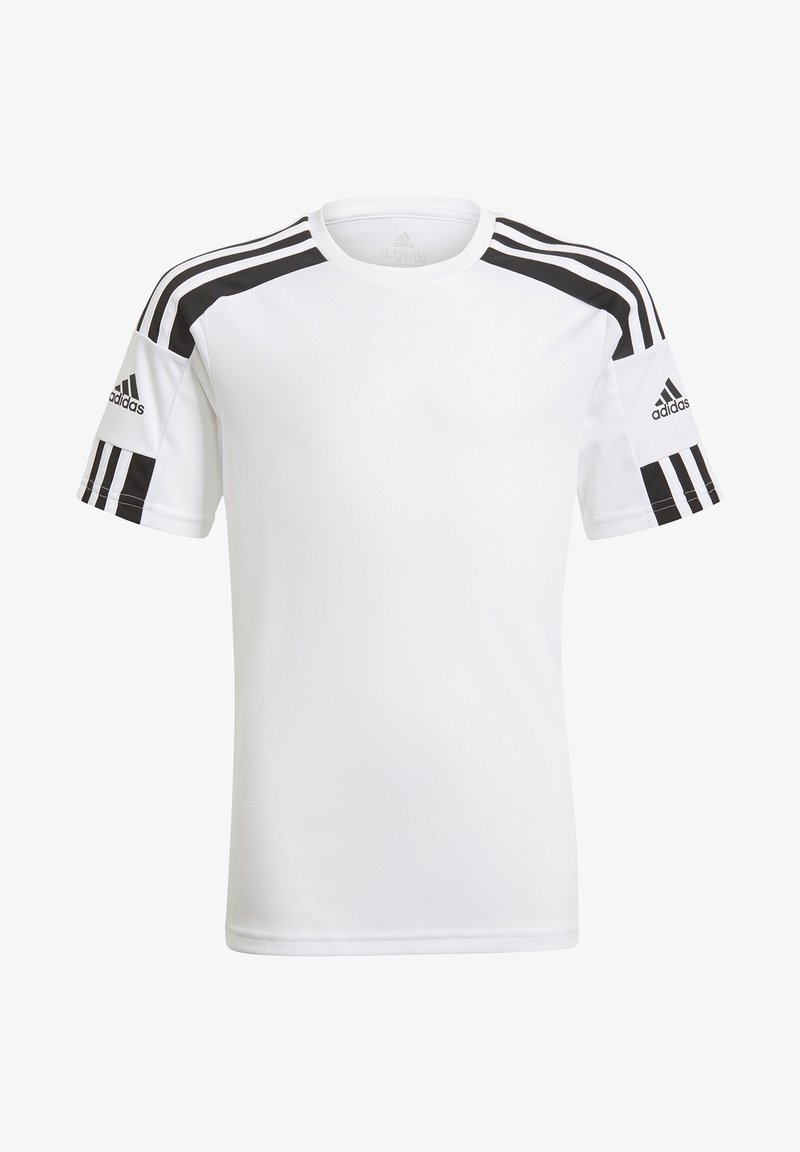 Weißes Sport-T-Shirt mit schwarzem Drei-Streifen-Design auf den Schultern. Verfügt über einen Rundhalsausschnitt und kurze Ärmel. Hergestellt aus leichtem Stoff.